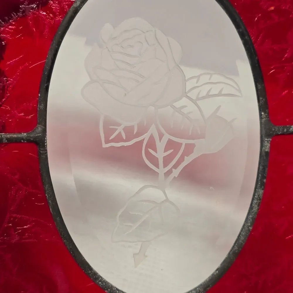 Vintage MCM Stained Glass Red And Clear Rose Suncatcher Window Panel